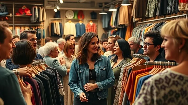 A photorealistic image of a vibrant community event at a vintage clothing store, diverse people interacting, trying on clothes, laughing, a sense of shared passion for vintage fashion, warm, inviting lighting, 8K, cinematic lighting, sharp focus, depth of field, shot on a high-end DSLR.