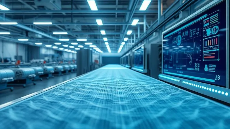 Photorealistic, professional photography, 8K, cinematic lighting, sharp focus, depth of field, shot on a high-end DSLR. A high-tech textile manufacturing floor. In the foreground, a large, intricate bio-engineered fabric moves along a conveyor, illuminated by precise, focused lights. Above the fabric, a series of sleek, futuristic cameras and sensors are visible, glowing with soft blue light, actively scanning the material. A digital overlay on an adjacent screen shows real-time AI analysis, highlighting potential anomalies in the weave with vibrant, data-driven graphics, emphasizing advanced, automated quality control.