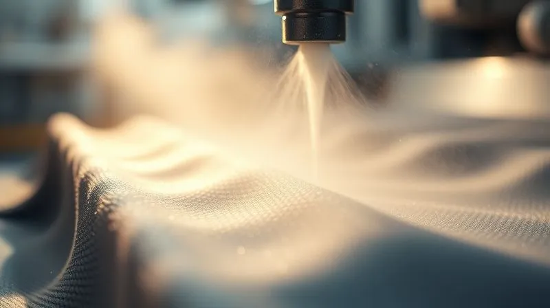 Photorealistic, professional photography, 8K, cinematic lighting, sharp focus, depth of field, shot on a high-end DSLR. A close-up, artistic shot of a bio-engineered textile undergoing an advanced finishing process. The fabric surface is subtly shimmering as a fine, almost invisible mist is applied, symbolizing a protective or performance-enhancing coating. The background is blurred, showing soft industrial lighting and hint of sophisticated machinery, emphasizing gentle innovation in textile treatment.