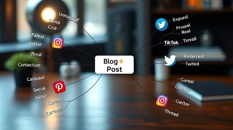A photorealistic image of a creative mind map, starting with a central 'Blog Post' node and branching out to various social media icons (Instagram, Pinterest, TikTok, Twitter) with specific content formats (carousel, pin, reel, thread) written next to them, symbolizing content repurposing. Cinematic lighting, sharp focus on the mind map, depth of field blurring a stylish desk background.