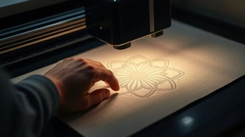 A photorealistic, professional photography, 8K, cinematic lighting, sharp focus, depth of field, shot on a high-end DSLR, showing an artisan's hand expertly guiding fabric under a sophisticated, sleek laser cutter, with a digital design projected onto the material. The scene highlights the harmonious integration of traditional skill with modern, precise technology, conveying innovation and efficiency without losing the human touch.