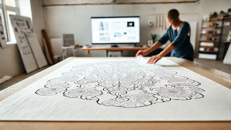 A designer's studio, bathed in soft, natural light, showcasing a large cutting table with an intricate, zero-waste pattern laid out perfectly on a roll of sustainable fabric. The designer's hands are carefully adjusting a pattern piece, with digital design software visible on a screen in the background. Photorealistic, professional photography, 8K, cinematic lighting, sharp focus on the pattern, depth of field blurring the background.