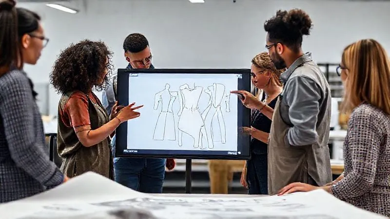 A diverse team of skilled fashion professionals, including designers, pattern makers, and production staff, collaboratively reviewing a zero-waste pattern on a large digital screen in a modern, well-lit studio. They are engaged, pointing to details, and discussing strategies, embodying teamwork and innovation. Photorealistic, professional photography, 8K, cinematic lighting, sharp focus on the team and screen, depth of field blurring the background.