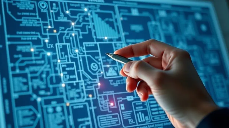 A photorealistic, professional photography, 8K, cinematic lighting, sharp focus, depth of field, shot on a high-end DSLR, showing a complex digital blueprint or schematic diagram overlaid with glowing data points, representing an e-commerce tech stack audit. A hand with a stylus points to a specific section on a holographic screen, symbolizing strategic planning.