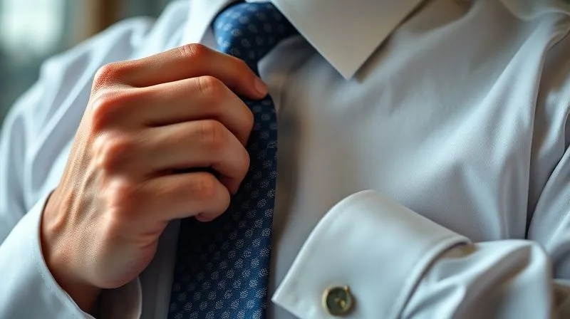 A close-up, photorealistic shot of a man's hands adjusting a silk tie with a subtle pattern, revealing a crisp shirt and a classic, elegant watch. Sharp focus on the hands and tie, depth of field blurring the background. Professional photography, 8K, cinematic lighting.