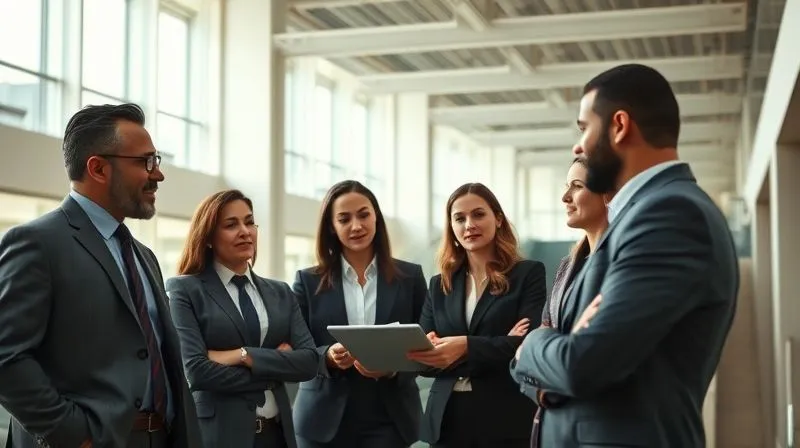 A photorealistic image of a diverse group of confident professionals (men and women) in contemporary, well-fitted business attire, engaged in a discussion in a modern, sunlit office atrium. Their expressions are intelligent and engaged, conveying collaboration and authority. Cinematic lighting, sharp focus on the group, depth of field. Professional photography, 8K.