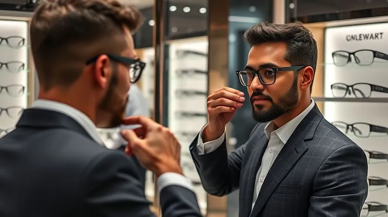 A photorealistic, professional photography, 8K, cinematic lighting, sharp focus, depth of field, shot on a high-end DSLR, of a diverse professional (e.g., a man) in a sophisticated optical boutique, trying on various stylish eyeglasses in front of a mirror. An attentive, well-dressed optician is offering advice, pointing to details on a frame. The scene is elegant and focused on the interaction and the eyewear choices.