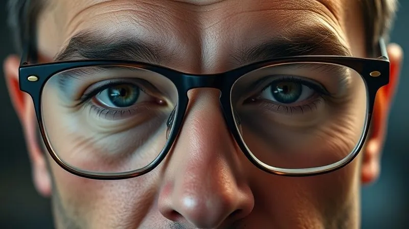 A photorealistic close-up of a confident executive's eyes behind sophisticated, well-fitted prescription glasses, with a subtle glow around the frames, cinematic lighting, sharp focus, 8K.
