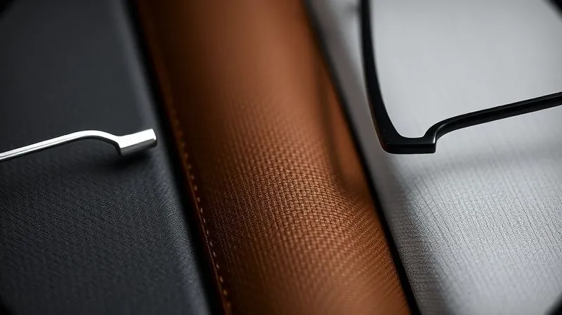 A photorealistic detailed shot of different premium eyewear materials – sleek titanium, rich acetate, and subtle stainless steel – showcasing their textures and finishes under professional studio lighting, 8K, sharp focus.