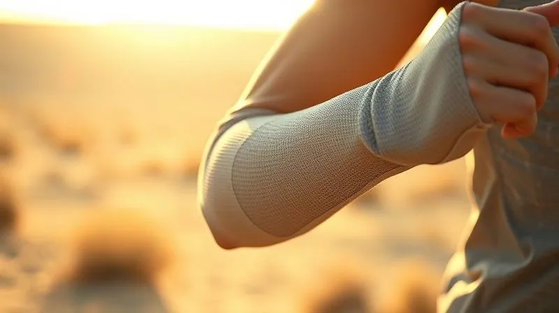 A close-up, photorealistic shot of a runner's arm covered in a lightweight, high-UPF fabric, with a subtle texture visible. The sun's rays are hitting the fabric, creating a slight shimmer, highlighting its protective quality. In the background, a blurred desert landscape. Professional photography, 8K, cinematic lighting, sharp focus, depth of field.