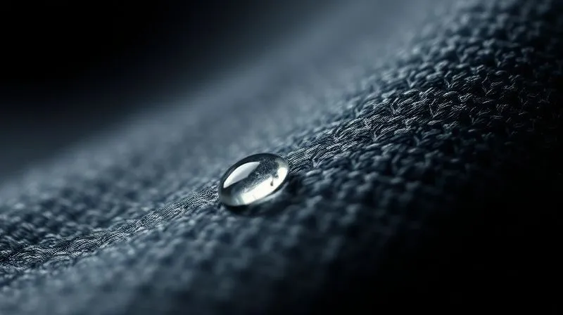 A macro, photorealistic shot of a technical running fabric, showing its weave and texture, with a single bead of sweat being wicked away from the surface. The background is blurred, suggesting intense heat. Professional photography, 8K, cinematic lighting, sharp focus on the fabric, depth of field.
