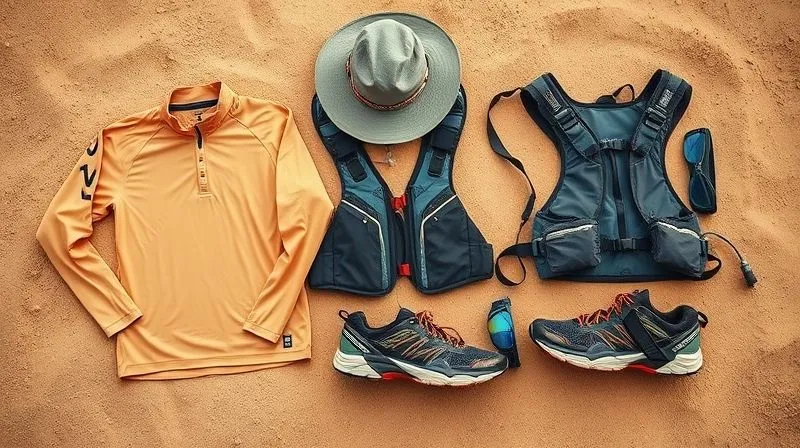 A flat lay of essential desert ultra-running gear: a high-UPF long-sleeve shirt, a wide-brimmed hat with neck flap, trail running shoes with gaiters attached, a hydration vest, and a pair of performance sunglasses, all neatly arranged on a sandy background. Photorealistic, professional photography, 8K, cinematic lighting, sharp focus on all items, depth of field blurring the edges.