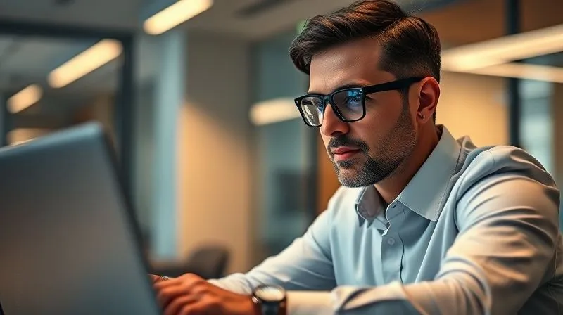 A photorealistic, professional photography, 8K, cinematic lighting, sharp focus, depth of field, shot on a high-end DSLR, of a sophisticated professional (could be male or female, diverse background) working intently on a laptop in a modern, well-lit office. A subtle, stylish pair of blue light blocking glasses are perched on their nose, catching a faint, soft blue glow from the screen. The professional's expression is focused and calm, conveying competence and poise.
