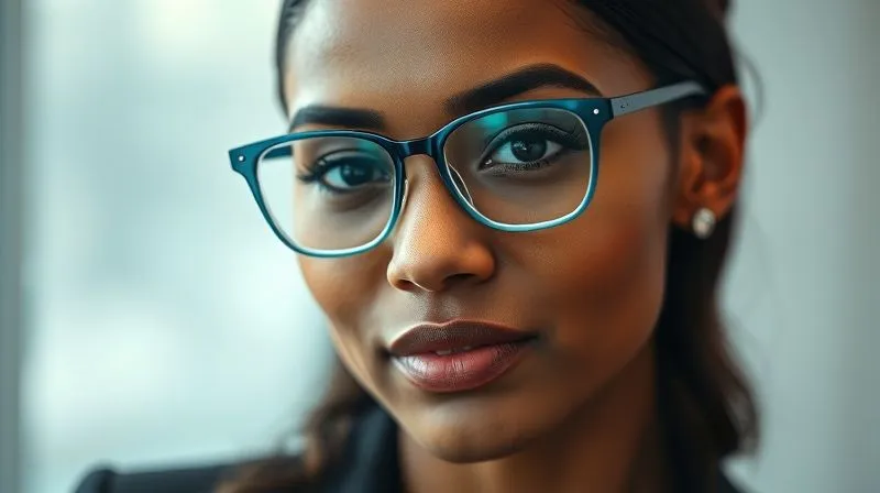 A photorealistic, professional photography, 8K, cinematic lighting, sharp focus, depth of field, shot on a high-end DSLR, close-up portrait of a professional's face (diverse), highlighting impeccably styled hair and subtle, professional makeup/grooming. The focus is on a pair of sleek, well-fitting blue light glasses that perfectly complement the individual's facial features and overall polished aesthetic. The background is softly blurred, suggesting a refined professional environment.