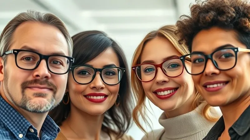 photorealistic, professional photography, 8K, cinematic lighting, sharp focus, depth of field, shot on a high-end DSLR, a diverse group of four individuals, each with a different face shape (oval, round, square, heart-shaped), confidently wearing stylish, well-fitted progressive lens frames that perfectly complement their features, showcasing a harmonious balance of eyewear and facial structure, in a bright, modern optical setting.