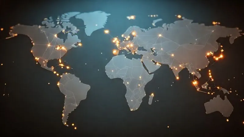 A complex, interconnected network diagram representing a global supply chain for luxury materials, with glowing nodes indicating points of origin and processing. The diagram is overlaid on a subtle map of the world, with lines showing routes. Photorealistic, professional photography, 8K, cinematic lighting, sharp focus, depth of field.