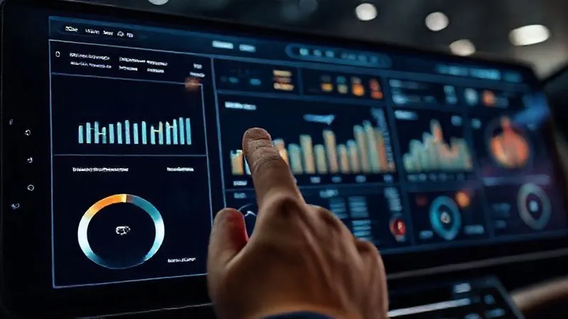 A photorealistic image of a sleek, modern dashboard display showing various data points related to client preferences and purchase history, represented by elegant graphs and charts. A hand subtly points to a specific data segment, with luxury fashion accessories blurred in the background, cinematic lighting, sharp focus on the screen.