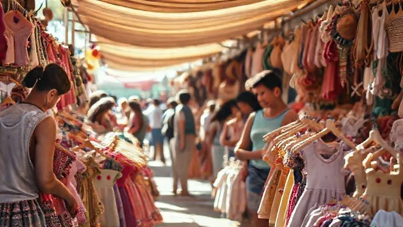 Photorealistic, professional photography, 8K, cinematic lighting, sharp focus, depth of field, shot on a high-end DSLR, a bustling, vibrant artisan market scene with diverse vendors displaying handcrafted children's clothing, rich textures and colors, warm sunlight filtering through an awning, people browsing with curiosity, capturing the essence of discovery and unique craftsmanship.