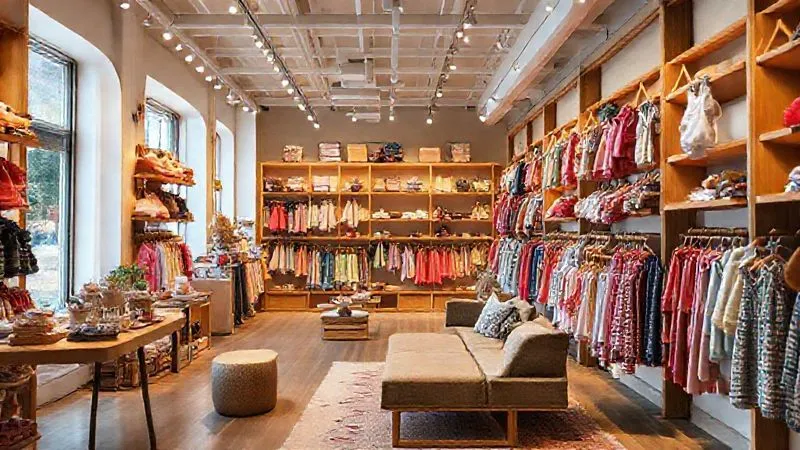Photorealistic, professional photography, 8K, cinematic lighting, sharp focus, depth of field, shot on a high-end DSLR, a beautifully curated and visually merchandising boutique interior specializing in unique kids' clothing, with natural wood fixtures, soft warm lighting, colorful garments arranged by story and theme, a comfortable seating area, and a sense of inviting discovery, reflecting a cohesive brand experience.