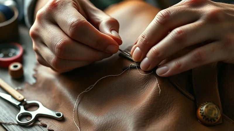 A photorealistic, professional photography, 8K, cinematic lighting, sharp focus, depth of field, shot on a high-end DSLR, of hands carefully mending a beautiful, worn leather bag with a needle and thread, the leather showing character and history. Soft natural light illuminates the hands and the intricate stitching, conveying care and craftsmanship. A small collection of repair tools (thimble, scissors, thread spool) are softly blurred in the background.