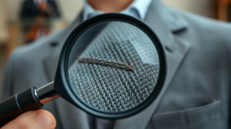 A close-up, photorealistic, professional photography shot of a magnifying glass held over a finely tailored suit fabric, revealing intricate, slightly irregular hand-stitches in sharp focus. The texture of the wool is prominent, with cinematic lighting highlighting the thread work. The background is a softly blurred, elegant tailor's workshop. 8K hyper-detailed, shot on a high-end DSLR.