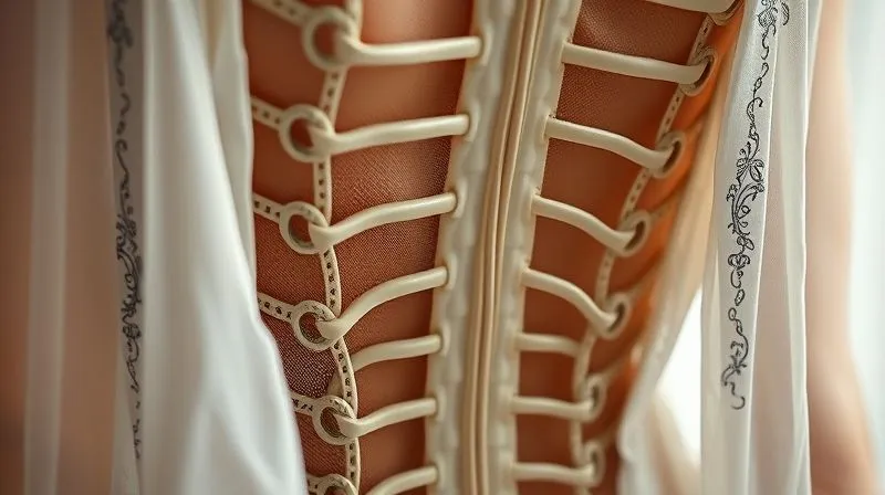 A close-up, photorealistic, professional photography, 8K, cinematic lighting, sharp focus, depth of field, shot on a high-end DSLR of intricate internal boning and caging structures partially revealed within a haute couture garment's sheer lining. The framework should be elegant and precise, hinting at complex engineering.