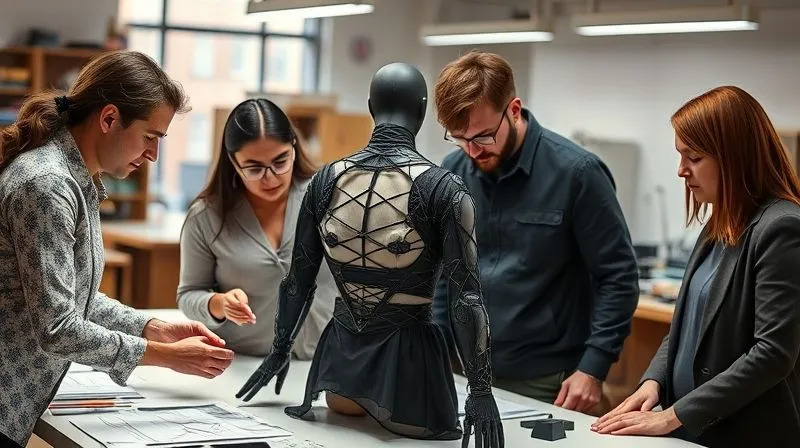A diverse team of fashion designers, structural engineers, and material scientists collaborating intently around a large workbench. They are examining a complex, partially constructed avant-garde garment with exposed internal frameworks, surrounded by technical drawings, fabric swatches, and small 3D-printed prototypes. Cinematic lighting, sharp focus on their hands and the garment, depth of field blurring the background lab/atelier. Photorealistic, professional photography, 8K hyper-detailed, shot on a high-end DSLR. A diverse team of fashion designers, structural engineers, and material scientists collaborating intently around a large workbench. They are examining a complex, partially constructed avant-garde garment with exposed internal frameworks, surrounded by technical drawings, fabric swatches, and small 3D-printed prototypes. Cinematic lighting, sharp focus on their hands and the garment, depth of field blurring the background lab/atelier. Photorealistic, professional photography, 8K hyper-detailed, shot on a high-end DSLR.