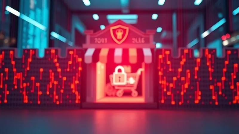 photorealistic, professional photography, 8K, cinematic lighting, sharp focus, depth of field, shot on a high-end DSLR, a digital fortress wall made of code and cybersecurity symbols, with glowing lines of data flowing through it, protecting a stylized e-commerce storefront in the background. The foreground shows a clear, impenetrable barrier.