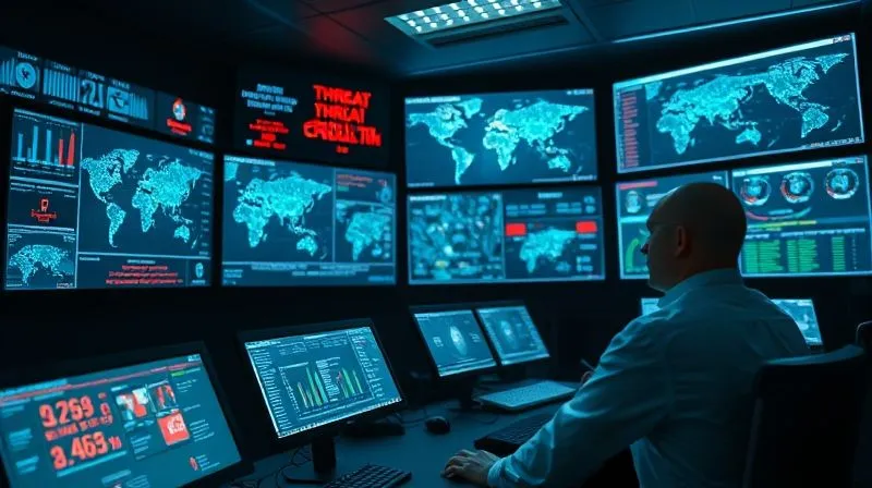 photorealistic, professional photography, 8K, cinematic lighting, sharp focus, depth of field, shot on a high-end DSLR, a futuristic control room with multiple screens displaying complex data visualizations, network maps, and real-time threat alerts, with a focused operator monitoring the systems. The room is dimly lit, emphasizing the glowing screens and the intensity of continuous monitoring.