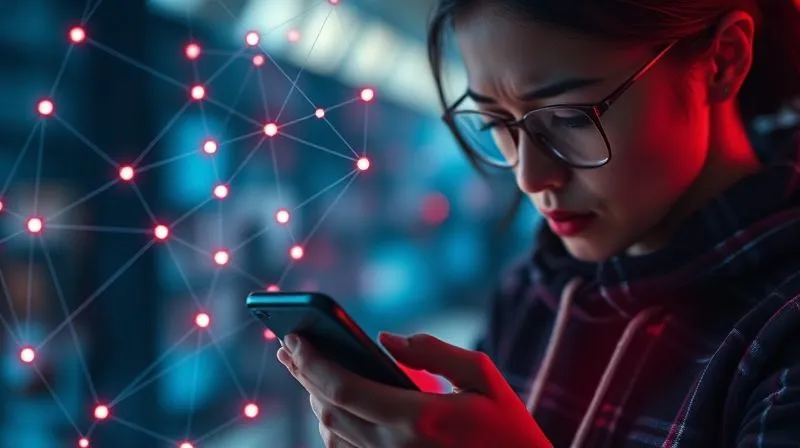 A photorealistic image of a digital web of interconnected lines and glowing nodes, representing bot networks, overlaying a blurred background of a disappointed person staring at an "out of stock" screen on their phone. The digital web has menacing red highlights, signifying a threat. Professional photography, 8K, cinematic lighting, sharp focus on the digital web, depth of field blurring the background, shot on a high-end DSLR.