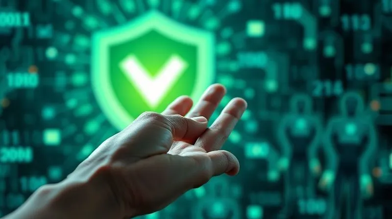 A photorealistic image of a human hand interacting with a sleek, glowing digital authentication interface, with biometric indicators and a green "verified" checkmark. In the background, blurred binary code and abstract bot-like figures are being deflected by a digital shield. Professional photography, 8K, cinematic lighting, sharp focus on the hand and interface, depth of field blurring the background, shot on a high-end DSLR.