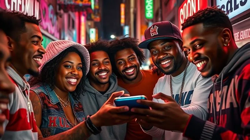 A photorealistic image of a diverse group of streetwear enthusiasts, genuinely excited and engaged, looking at a shared screen displaying a successful, fair product drop. There's a sense of camaraderie and shared victory. The background is a vibrant, urban setting. Professional photography, 8K, cinematic lighting, sharp focus on the faces and screen, depth of field blurring the background, shot on a high-end DSLR.