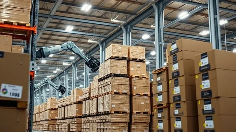 A photorealistic, professional photography, 8K, cinematic lighting, sharp focus, depth of field, shot on a high-end DSLR of a modern, automated warehouse with robotic arms moving neatly stacked boxes of apparel, bathed in soft, strategic lighting. The scene conveys efficiency, precision, and advanced technology in logistics.