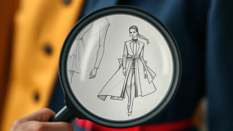 A close-up, photorealistic image of a magnifying glass held over a blurred, generic fast fashion garment, with the reflection of an intricate, detailed haute couture sketch visible within the magnified area, highlighting subtle differences and similarities. Professional photography, 8K, cinematic lighting, sharp focus, depth of field, shot on a high-end DSLR.