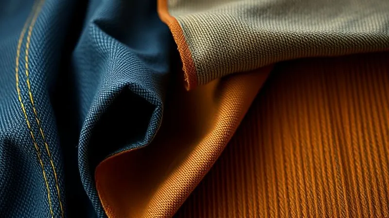 A close-up, photorealistic shot of various fabric swatches: heavy-duty denim, ripstop nylon, thick cotton canvas, and tightly woven corduroy, arranged neatly. The textures are clearly visible, with sharp focus and cinematic lighting, highlighting their robustness. Shot on a high-end DSLR.