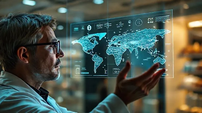 photorealistic, professional photography, 8K, cinematic lighting, sharp focus, depth of field, shot on a high-end DSLR, a sophisticated data scientist analyzing a complex 3D holographic projection of customer journey maps and behavioral data, with luxury brand logos subtly integrated into the interface, reflecting deep insights into client preferences
