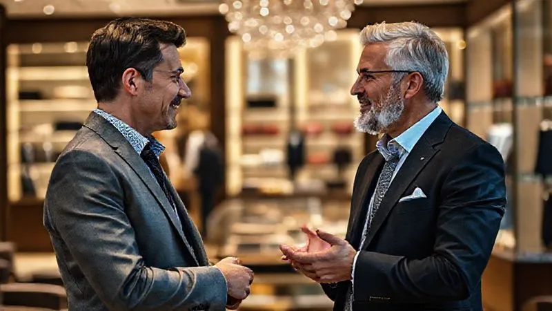 photorealistic, professional photography, 8K, cinematic lighting, sharp focus, depth of field, shot on a high-end DSLR, an elegant luxury boutique interior with a well-dressed client advisor engaging in a warm, personalized conversation with a high-value client, showcasing genuine connection and attentiveness, with blurred high-end merchandise in the background