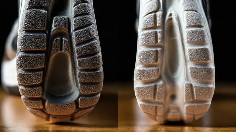 A side-by-side photorealistic comparison of two athletic shoe soles. One shows a perfectly bonded, seamless construction with intricate textures of high-quality rubber and foam. The other shows a poorly bonded sole with visible gaps and uneven adhesive application. Cinematic lighting, sharp focus on the bonding areas, 8K hyper-detailed, professional photography.