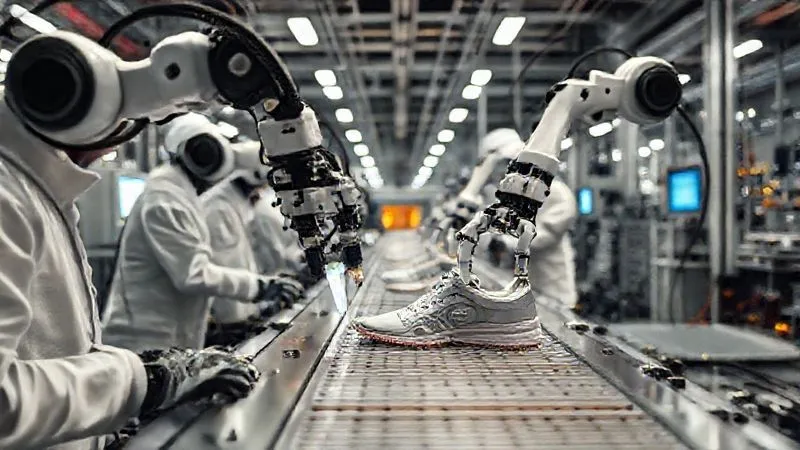 A photorealistic, high-angle shot inside a modern athletic shoe manufacturing facility. Robotic arms are precisely applying adhesive to shoe components on an assembly line. Engineers in cleanroom attire are overseeing the process, with glowing screens displaying data. Cinematic lighting, sharp focus on the robotic precision and technological elements, depth of field blurring the background, 8K hyper-detailed, professional photography.