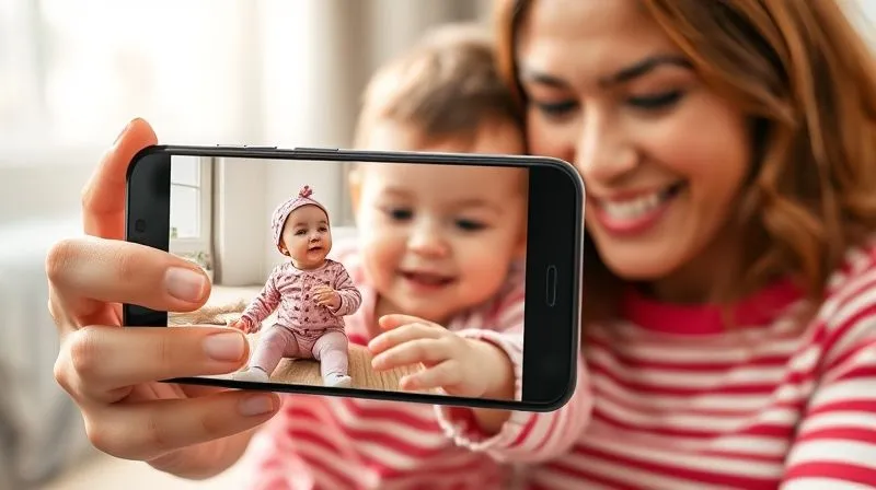 A photorealistic image of a parent smiling, holding a smartphone showing an augmented reality (AR) app where a virtual toddler outfit is perfectly overlaid on their child, who is playfully reaching for the screen. The scene is bright and joyful, professional photography, 8K, cinematic lighting, sharp focus, depth of field, shot on a high-end DSLR.
