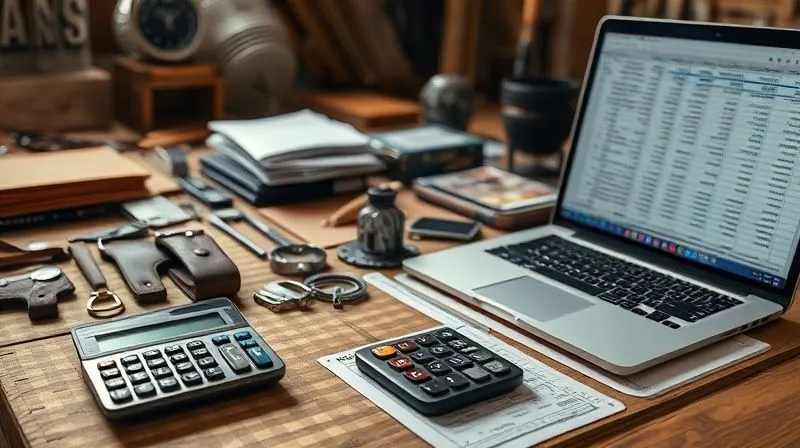 A photorealistic, professional photography shot of a meticulously organized artisan's workbench, featuring various bespoke accessory components like leather swatches, metal clasps, and design sketches. In the foreground, a calculator displays complex numbers, and a spreadsheet is open on a laptop screen, subtly reflecting financial data. The scene is bathed in soft, natural light, emphasizing precision and thoughtful calculation. 8K, cinematic lighting, sharp focus on the details, depth of field blurring the background.