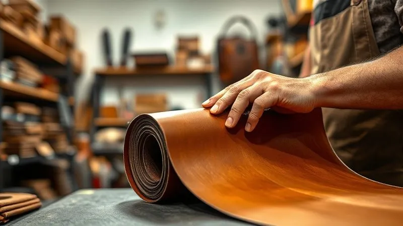 A photorealistic, professional photography image of an artisan carefully inspecting a roll of premium, ethically sourced leather, with a keen eye for detail. The background shows blurred shelves of organized high-quality materials and tools, emphasizing efficiency and meticulous sourcing. The lighting is bright and focused, highlighting the texture of the leather and the artisan's discerning hand. 8K, cinematic lighting, sharp focus, depth of field.