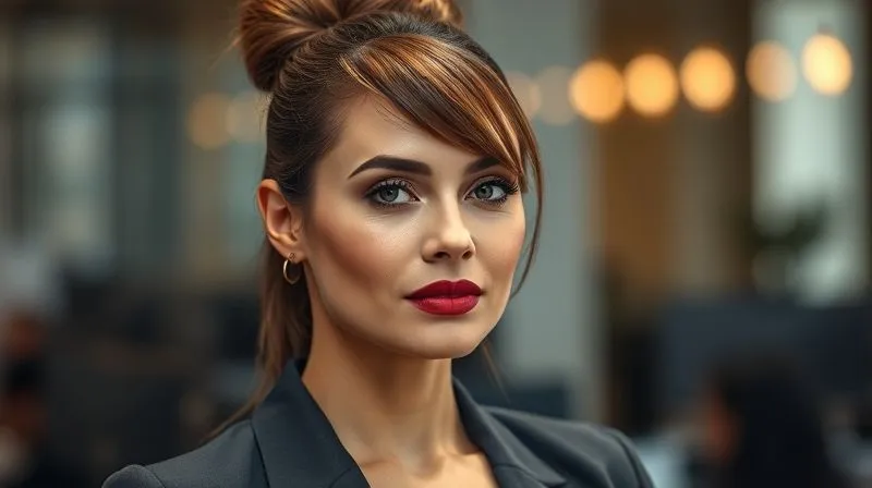 photorealistic, professional photography, 8K, cinematic lighting, sharp focus, depth of field, shot on a high-end DSLR. A professional woman, mid-30s, with a sophisticated, polished hairstyle (e.g., a sleek, voluminous blow-out or a high, neat ponytail). Her makeup features a subtle winged eyeliner and a confident, deep berry lipstick. The lighting is soft and flattering, highlighting her refined features and professional demeanor, with a blurred office background.