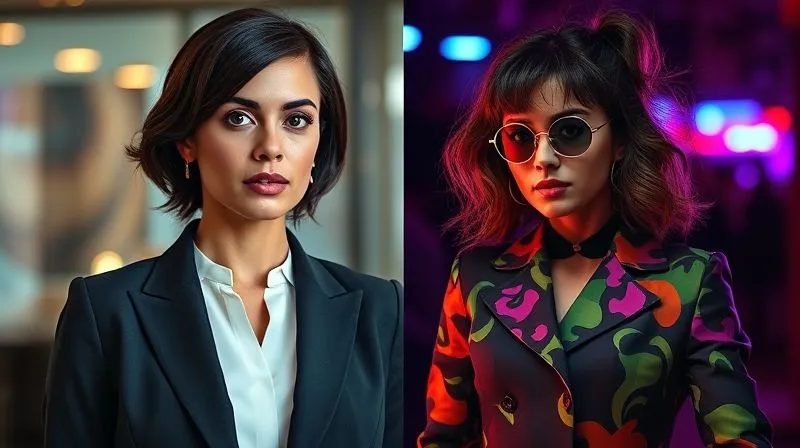 photorealistic, professional photography, 8K, cinematic lighting, sharp focus, depth of field, shot on a high-end DSLR. A split image or a clear visual contrast. On one side: a modern professional woman in a chic, subtly 80s-inspired power suit (structured blazer, elegant jewel tone). On the other side: a person in an overtly costume-like 80s outfit (excessive neon, too many clashing elements, dated hair). The contrast clearly illustrates 'modern professional' vs. 'costume party'.