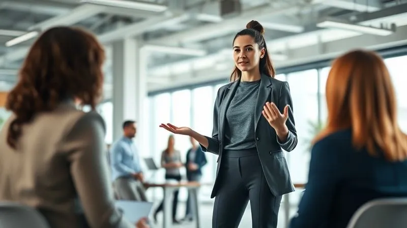 A professional woman in a modern, open-plan office, confidently presenting to colleagues. She is dressed in a sophisticated athleisure outfit, perhaps tailored ponte pants, a performance knit top, and a structured blazer. The setting is bright and collaborative, emphasizing comfort meeting professionalism. Photorealistic, professional photography, 8K, cinematic lighting, sharp focus on the woman and her attire, depth of field blurring background colleagues. The overall mood is confident and modern.