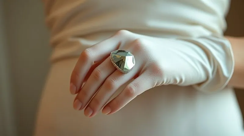 photorealistic, professional photography, 8K, cinematic lighting, sharp focus, depth of field, shot on a high-end DSLR. A model's hand adorned with an elegant, form-fitting white opera glove, with a large, sculptural silver ring worn over the glove on the middle finger. The glove's fabric is subtly textured, and the ring catches the light, creating a sophisticated and unexpected accessory pairing.