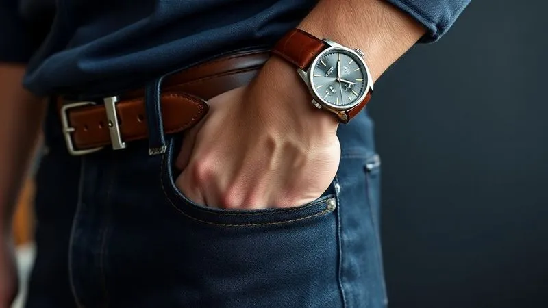 A photorealistic, professional photography shot, close-up on a man's waist and wrist. He is wearing dark, premium selvedge denim, a high-quality dark brown leather belt with a simple silver buckle, and a classic leather-strapped watch on his wrist. The denim texture is visible, the leather is rich and polished. Sharp focus on the accessories and fabric, depth of field blurring the torso. 8K hyper-detailed, cinematic lighting, shot on a high-end DSLR.