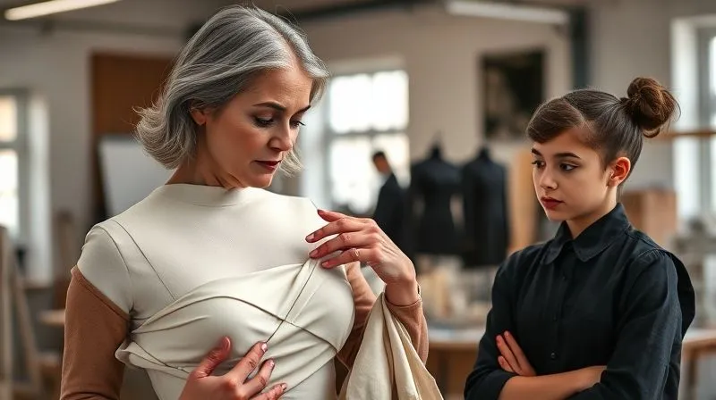 photorealistic, professional photography, 8K, cinematic lighting, sharp focus, depth of field, shot on a high-end DSLR, a wise, serene female couturier with silver hair, her hands gently demonstrating a complex draping technique on a mannequin, a young, eager apprentice with focused eyes observing intently, the background showing a busy yet harmonious atelier, conveying deep respect and knowledge transfer.
