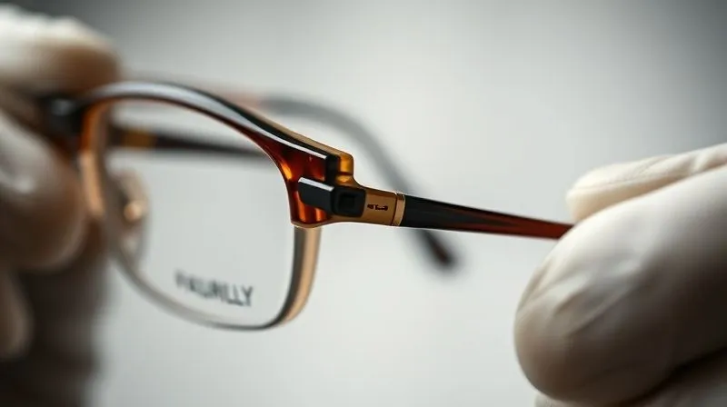 A close-up, high-detail shot of a classic acetate eyewear frame, showcasing its intricate hinge, polished finish, and unique texture. The frame is held by a pair of gloved hands, emphasizing its delicate craftsmanship. Photorealistic, professional photography, 8K, cinematic lighting, sharp focus on the hinge, depth of field blurring the background, shot on a high-end DSLR.