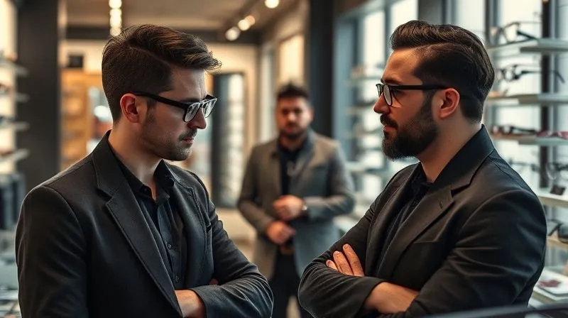 Two eyewear stylists engaged in a realistic role-playing scenario within a stylish optical store. One stylist, playing the client, is trying on an iconic frame, while the other, playing the stylist, offers confident, knowledgeable advice. A third, more experienced mentor observes discreetly in the background, ready to provide feedback. Photorealistic, professional photography, 8K, cinematic lighting, sharp focus on the interaction, depth of field blurring the surroundings, shot on a high-end DSLR.